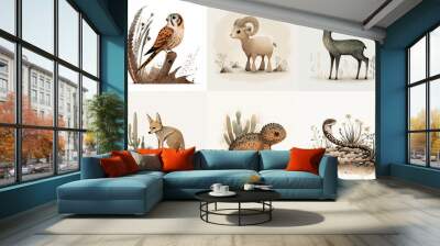 A set of six cute animals, mammals, birds, reptiles, from the area of Arizona, USA in watercolor, illustration made with Generative AI Wall mural