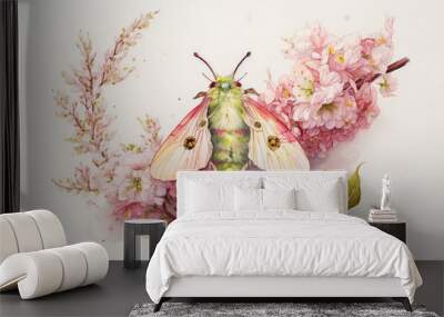 Beautiful rosy maple moth watercolor illustration made with Generative AI Wall mural