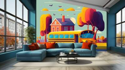 Cute school bus, flat vector style, CMYK pastel colors, illustration made with Generative AI
 Wall mural