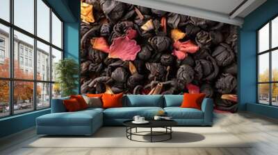 flat layer of peach paradise black tea loose leaves on brown background, illustration made with Generative Ai Wall mural