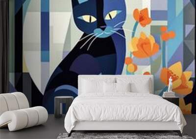 Gorgeous geometric and floral black cat illustration made with Generative AI  Wall mural