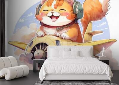 Stunning kitty and airplane watercolor illustration made with Generative AI Wall mural