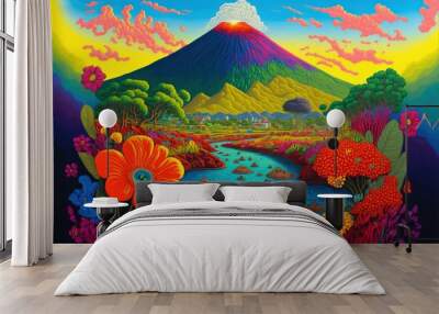 Wide view of a majestic volcano next to a stream, magical illustration made with Generative AI Wall mural