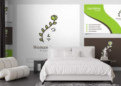 Woman face combine with leaf logo design and business card. Wall mural