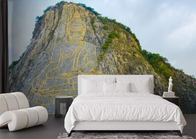 Big buddha with cloudy background at Khao Chi Chan Moutain, Pattaya. Chonburi, Thailand. Wall mural