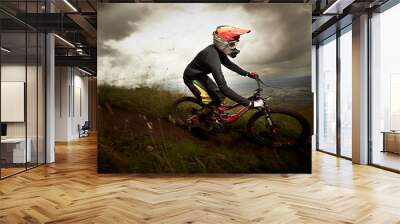 Young man riding a mountain bike downhill style Wall mural