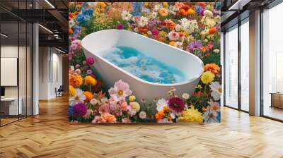 A bathtub with water inside in a field of colorful flowers. Outdoors creative spring idea. Wall mural