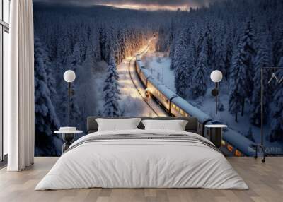 Christmas scene of winter night with train passing through forest with snow. Beautiful landscape background with cloudy sky. Holiday happiness. Illustration, Generative AI. Wall mural