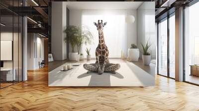 Giraffe sitting in starting position for meditation. Relaxing pose, out of stress. Animal like human. Indoor modern accommodation. Wall mural