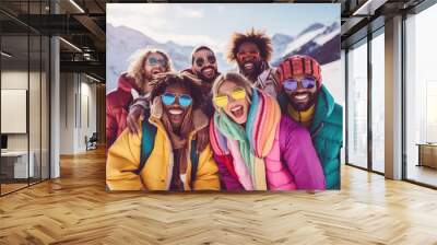 Group of multicultural friends enjoy in winter time on a snowy mountain. Fun outdoor concept on vacation. Wall mural