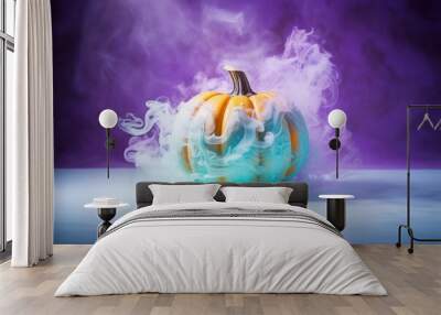 Orange green mint color of pumpkin smoking on purple background.Minimal positive scene of Halloween holiday. Bright scene. Wall mural