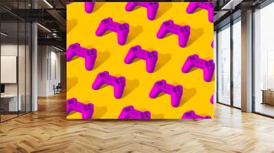 Pattern made with purple retro joystick on yellow background. 3d render. Angled view. Minimal bold game concept. Wall mural