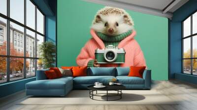 Portrait of hedgehog in sweater holding a camera. Minimal creative scene with wild animal in elegant pastel pink clothes. Trendy hipster style. Abstract, illustrated, generative AI. Wall mural