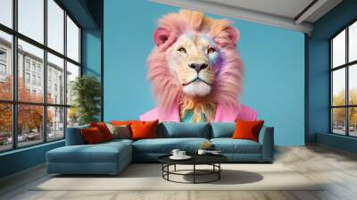 Portrait of pastel pink lion king wearing colorful suit. Pastel and colorful colors with wild animal. Trendy hairstyle. Abstract illustration, generative AI. Wall mural