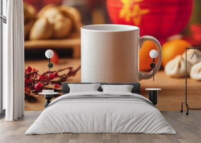 Blank mug on wooden table with food backdrop Wall mural