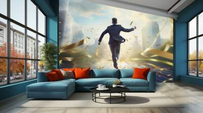 Businessman crossing finish line Wall mural