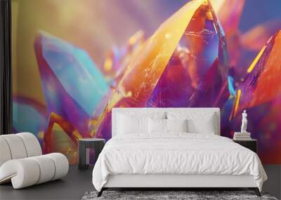 Colorful quartz crystal close-up, white isolated background Wall mural