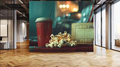 Cozy cinema setting with popcorn and drink Wall mural