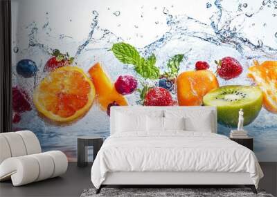 Fresh fruit splash, white isolate background Wall mural