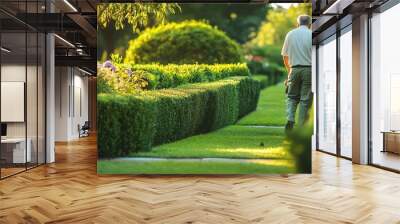 Man walking along garden path in green landscape Wall mural