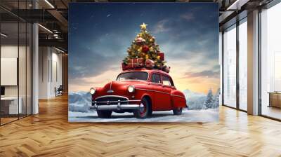 Red car carrying a Christmas tree on the roof in a snowy. Generative AI	
 Wall mural