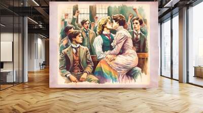 The image shows a group of people in a room, with two women in the center embracing. The others are watching them, some with happy expressions, and some with disapproving looks. Wall mural