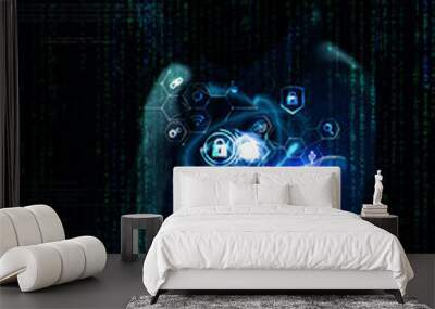 Internet crime concept. Hacker working on a code on dark digital background Wall mural