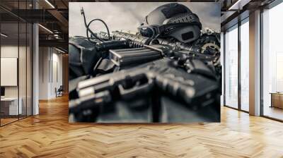 military equipman and weapons close up shooting Wall mural