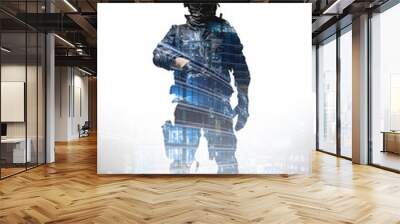 Special forces soldier with rifle. SWAT team members , double exposure Wall mural