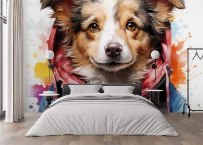 Watercolor Dog dressed in clothes, clipart Illustration, Generative Ai Wall mural