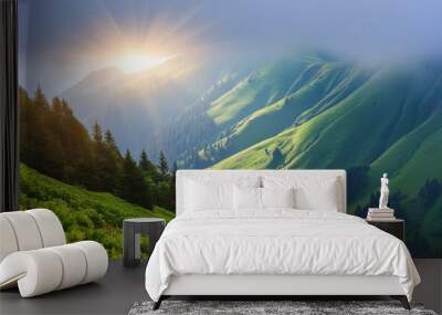 green mountain with fog and sunrise twilight sky at background Wall mural