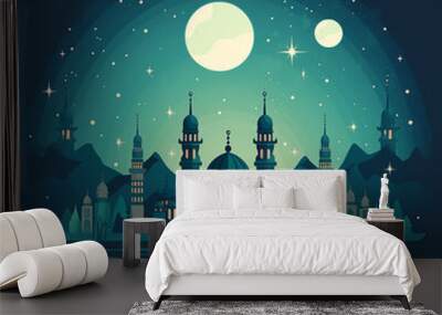 Mosque building architecture at night with moon Wall mural