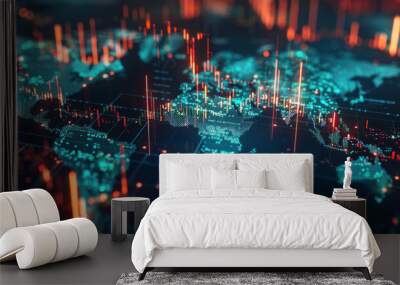 A digital platform showing global investment trends, tracking international stock markets, currency exchange rates, and foreign investments. Wall mural