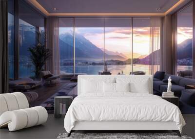 A luxury apartment where the windows can display any view in the world, allowing residents to wake up to a sunrise in the mountains or a sunset on the beach Wall mural