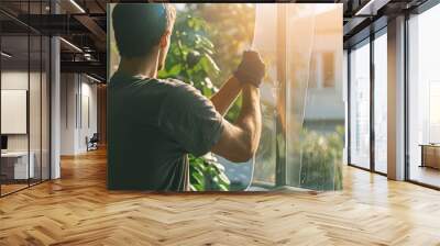 
A person installing window film to block out the sun’s heat, helping keep the interior of the home cooler and more energy-efficient during the summer Wall mural