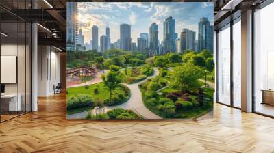 A well-planned urban park with walking trails, playgrounds, and green spaces surrounded by skyscrapers Wall mural