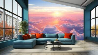 Beautiful sunset sky above clouds with dramatic light. Cabin view from airplane. Wall mural