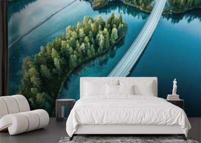 Captivating aerial shot of traffic on a bridge road over a tranquil blue lake in summer Finland, illustrating the seamless integration of natural beauty and modern transport. Wall mural