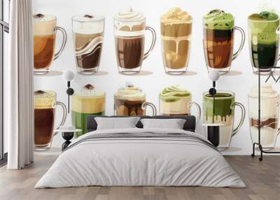 Collection of coffee and tea beverages featuring mocha, green tea, hot chocolate, black coffee, matcha, cappuccino, and flat white Wall mural