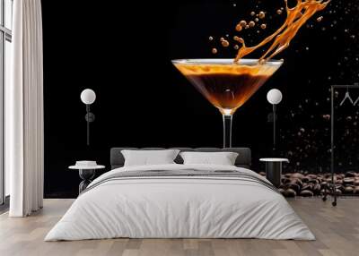 Espresso Martini drink with splashes and coffee beans floating in the air, black wall background. Copy space. Wall mural