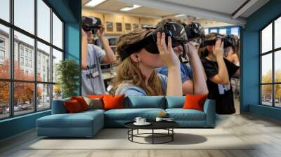 High school students using virtual reality headsets to explore a simulated science experiment in their online class Wall mural