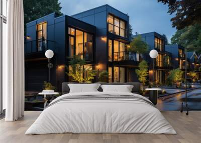 Modern modular private black townhouses, Residential architecture exterior Wall mural