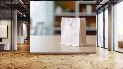 Paper bag on table, counter at shop, Shelf products for sales promotion over blur white store background, banner with copy space for retail product display template. Wall mural