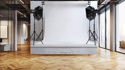 Professional Photo Studio Background. Photography Equipment in Studio Setting. Cameras, Lights, and Backdrop Setup for Professional Photo or Video Production. Wall mural