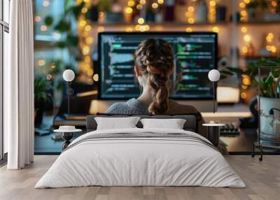 Rear view of female programmer sitting at desk while working with computer in start up office. Wall mural