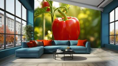 Red bell pepper in a Greenhouse. Horticulture. Vegetables. Wall mural