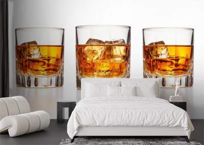 Set of glass of whiskey or whisky or american Kentucky bourbon with its reflection on the plane. Wall mural