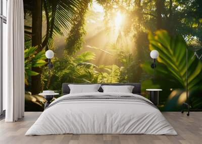 Sunrise in jungle rainforest view through tropical palm tree plants and lush fern foliage. Beautiful sunny morning in magic forest. Exotic nature landscape with wonderful majestic scenery. Wall mural