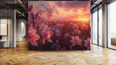 The tranquil beauty of a sunset over a field of orchids, their exotic blooms bathed in the soft, ethereal light of evening. Wall mural