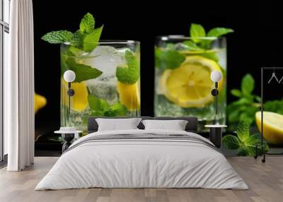 Two glasses of lemonade or a cocktail with lemon and mint on a black background. Summer refreshing drinks. Wall mural